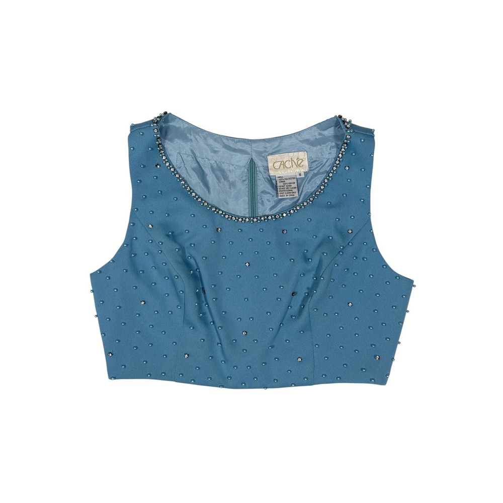 Vintage Cache Blue Beaded Pearl Rhinestone‎ Crop Top Evening Sleeveless Size 8